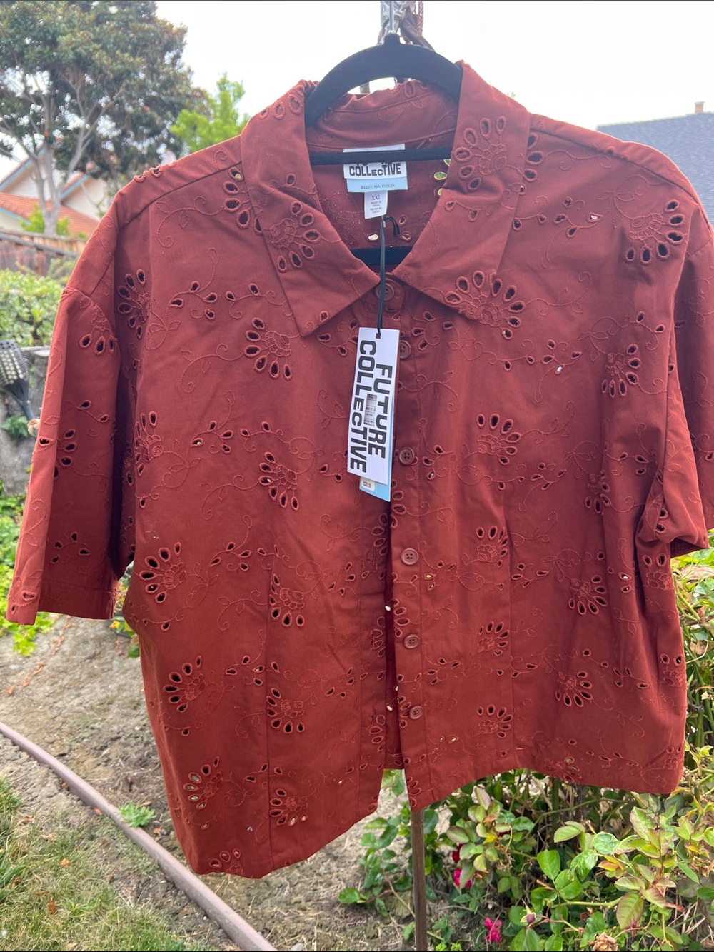 Future Collective Brick Red Eyelet Short-Sleeve Shirt - Picture 2 of 8